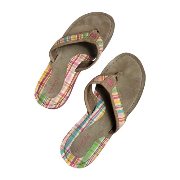 Sperry Top Sider Womens Sz‎ 8 Pink Plaid Suede Leather Sandals Flip Flops Summer - Picture 2 of 11